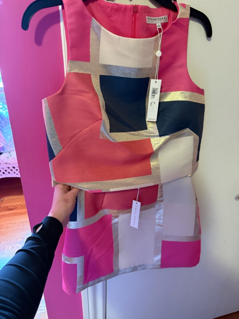 Trina Turk Pink, Navy & Cream Geometric Crop Top and Skirt Set